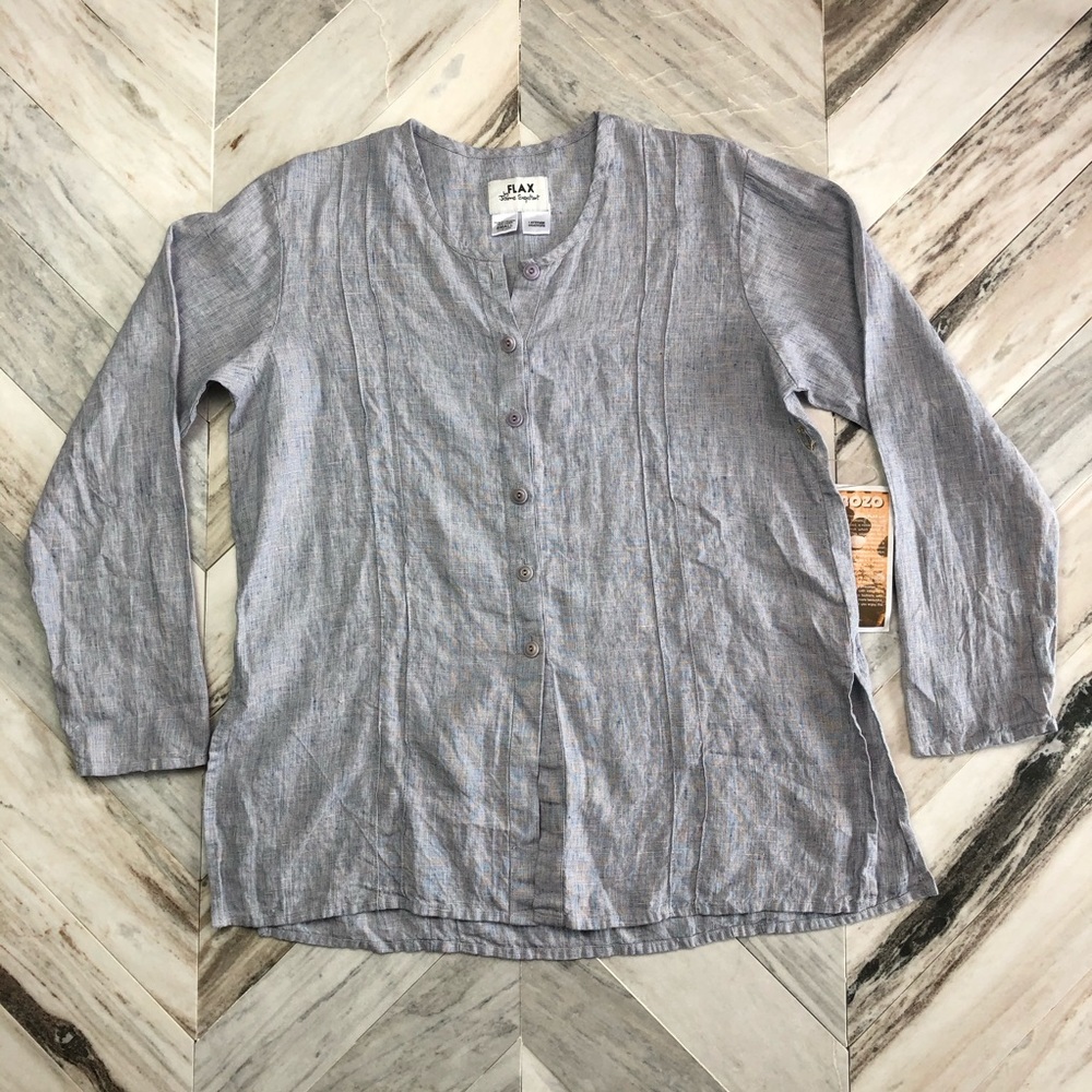 NWT FLAX Button Down Tunic Blouse Small Blue White